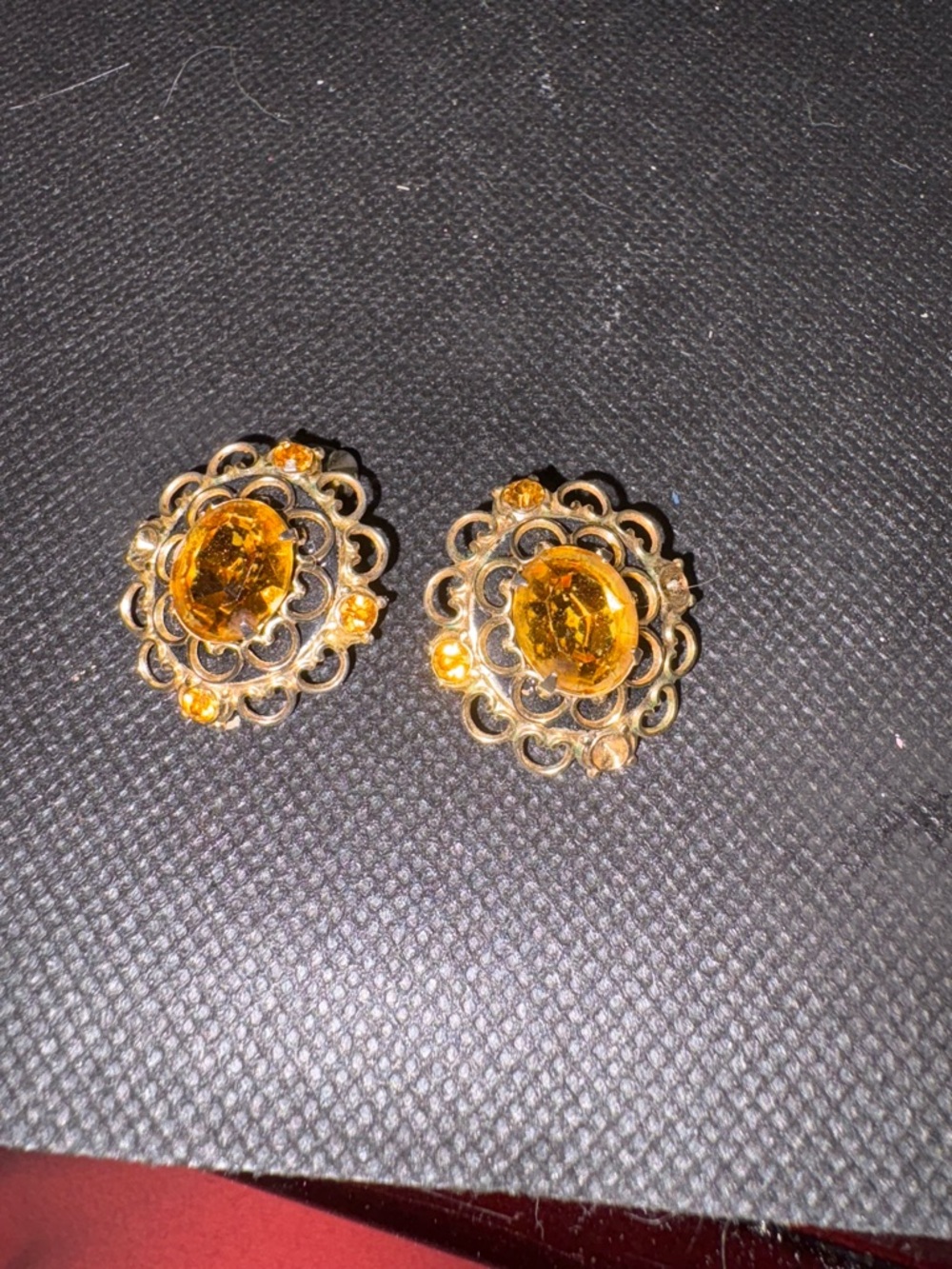 Vintage Coro Gold-Tone Amber Crystal Filigree Clip-On Earrings - Women Jewelry‎
